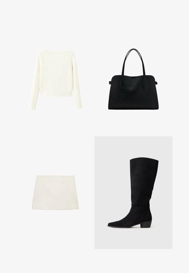 Biely, dlhý rukáv, rebrovaný pletený sveter s mierne lodičkovým výstrihom a rovnými lemami.; Biely fleecový mini sukňa so štíhlym strihom, jemnou textúrou a hladkým povrchom. Nemá viditeľné zapínanie ani vzory.; Čierne semišové čižmy po kolená s nízkym blokovým podpätkom a špicatou špičkou, zobrazené v bočnom pohľade na jednoduchom svetlošedom pozadí.; Čierna kožená kabelka s dvojitými popruhmi na rameno, obdĺžnikový tvar a minimalistický dizajn na bielom pozadí.