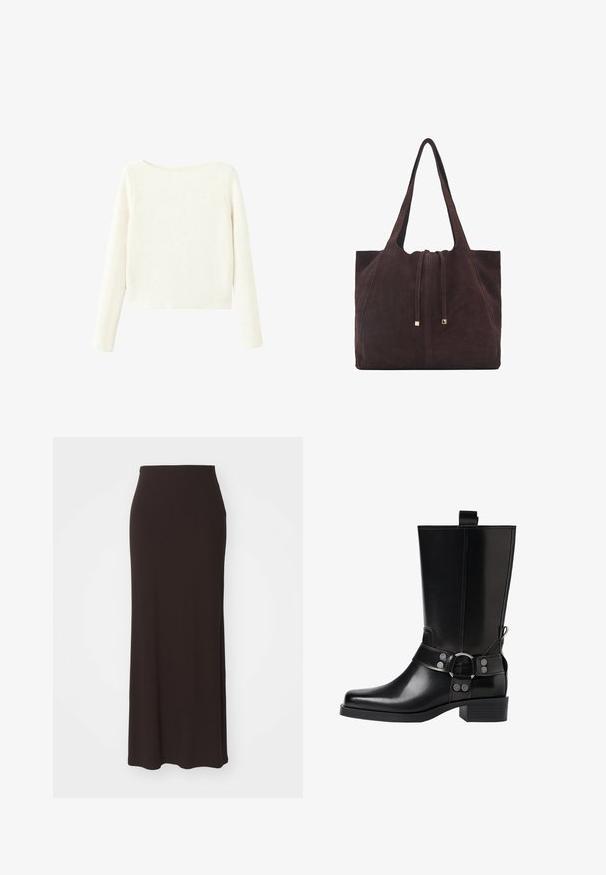 Weißer, langärmeliger, gerippter Strickpullover mit leicht bootförmigem Ausschnitt und geradem Saum.; Langer schwarzer Rock aus einem weichen Stretchmaterial, mit einer taillierten Taille und einem schlichten, geradlinigen Design ohne zusätzliche Akzente oder Muster.; Schwarze Lederstiefel bis zum Knie mit spitzer Zehenform, silbernen Schnallenakzenten und einem klobigen Absatz. Verfügt über eine Zuglasche für einfaches Anziehen.; Mango Shopping Bag - dark brown