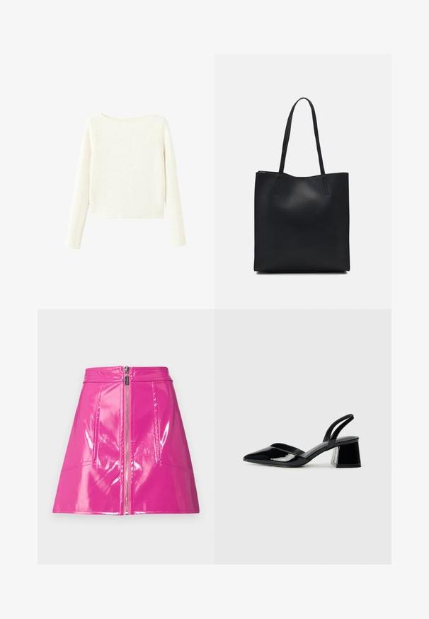 Bela, dolg rokav, rebrast pleten pulover z rahlim čolnasti izrezom in ravnim robom.; Cras KATIE SKIRT - Mini krilo - rose violet; Črne lakirane slingback pete s koničastim nosom in geometrijsko blokasto peto. Imajo eleganten, minimalističen dizajn in gladko teksturo.; Črna usnjena torba s svilnato teksturo, pravokotne oblike in dvema dolgima ročajema. Brez vidnih metalnih delov ali okrasnih elementov.