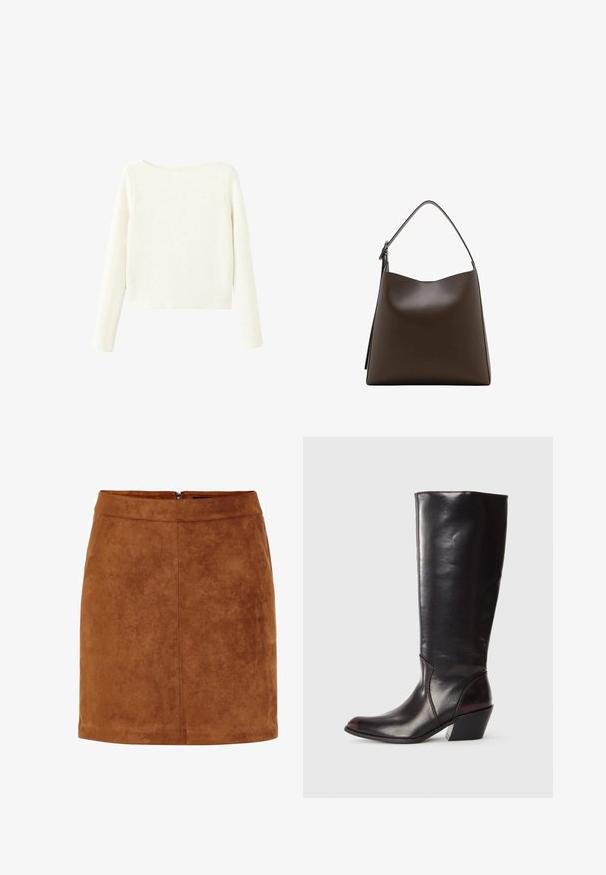 Biała, długosleeve, prążkowana dzianinowa sweter z lekko łódkowym dekoltem i prostym dołem.; Brązowa zamszowa mini spódnica o gładkiej fakturze, prostym kroju i dyskretnym zamkiem błyskawicznym z tyłu. Posiada szwy, które nadają jej strukturę.; Kozak skórzany, sięgający do kolan, w ciemno-brązowym kolorze, z szpiczastym noskiem, kanciastym obcasem i gładką, błyszczącą teksturą. Posiada czysty design i detale szycia.; Brązowa skórzana torba na ramię z zaokrąglonym wierzchem, pojedynczym paskiem na ramię i gładką teksturą. Posiada minimalistyczny design i otwarte zapięcie.