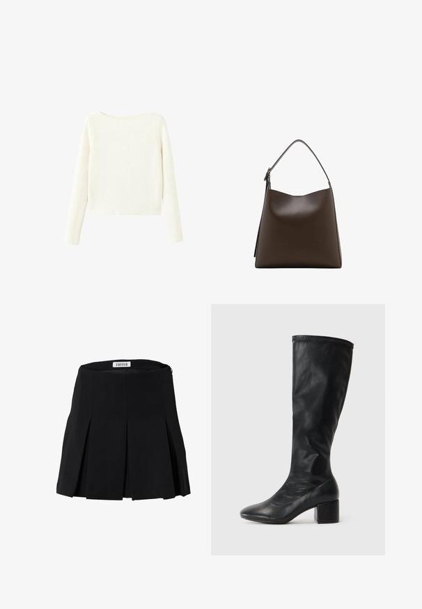 Weißer, langärmeliger, gerippter Strickpullover mit leicht bootförmigem Ausschnitt und geradem Saum.; Schwarzer, plissierter Rock mit hoher Taille, aus glattem Stoff gefertigt. Verfügt über einen Reißverschluss auf der Rückseite und ein sauberes, strukturiertes Design.; Schwarze knielange Stiefel aus glattem Leder. Verfügen über einen quadratischen Absatz und eine schlanke Silhouette mit einem schlichten Schaft und genähten Details oben.; Braune Ledertasche mit einem gewölbten oberen Teil, einem einzelnen Schulterriemen und einer glatten Textur. Verfügt über ein minimalistisches Design und einen offenen Verschluss.
