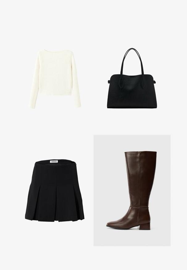 Weißer, langärmeliger, gerippter Strickpullover mit leicht bootförmigem Ausschnitt und geradem Saum.; Schwarzer, plissierter Rock mit hoher Taille, aus glattem Stoff gefertigt. Verfügt über einen Reißverschluss auf der Rückseite und ein sauberes, strukturiertes Design.; Hoher, dunkelbrauner Lederstiefel mit einem niedrigen Blockabsatz und einer glatten Oberfläche, von der Seite auf weißem Hintergrund abgebildet.; Schwarze Lederhandtasche mit zwei Schulterriemen, rechteckiger Form und minimalistischem Design auf weißem Hintergrund.