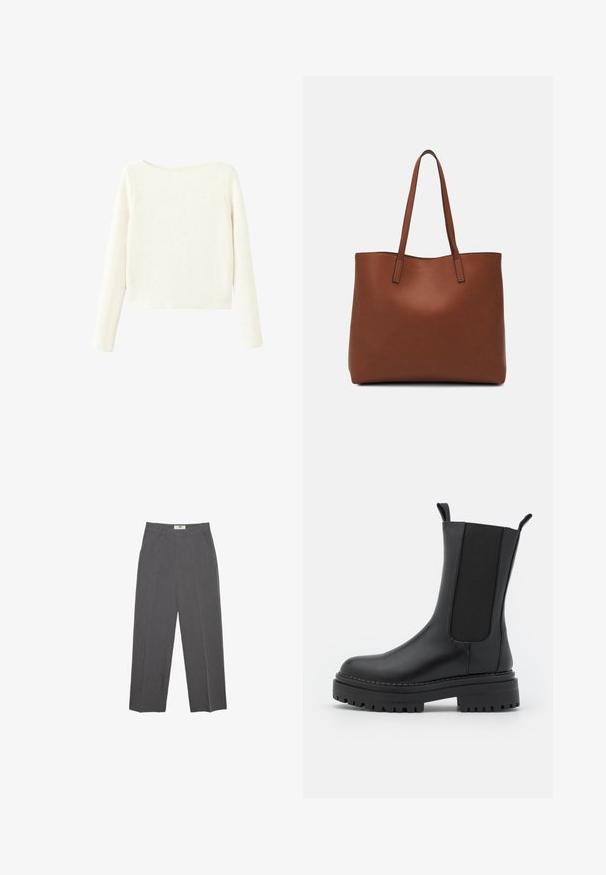 Maglione bianco a maniche lunghe, in maglia a coste, con un leggero scollo a barca e orlo dritto.; Pantaloni dritti grigi realizzati in tessuto testurizzato, con vita alta media, passanti per cintura e tasche laterali. Nessun motivo o accentuazione visibile.; RAID CHERISH - Stivali con plateau - black; Borsa tote in pelle marrone con texture liscia, design con apertura superiore e due spallacci. Presenta cuciture minime e nessun hardware visibile.