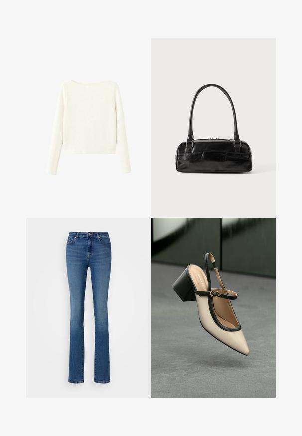 Bijela, dugačka, pletiva majica s rebrastim uzorkom, blago brojnim izrezom i ravnim rubom.; ONLY Tall ONLSUI MID - Traperice uskog kroja - medium blue denim; Bež cipele s otvorenom petom i šiljastim vrhom, crnim obrubom, zlatnom kopčom i debelim blok-petom na sivom podu s tamnozelenom pozadinom.; Crna kožna torba u obliku pravokutnika, s jednim čvrstim ručkom, srebrnim detaljima i zatvaranjem na patentni zatvarač. Glatka tekstura.