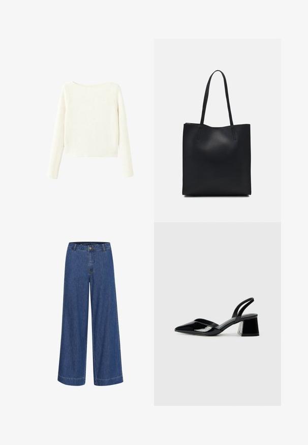 Pulover alb, cu maneci lungi, tricotat cu un model rib la guler în formă de barcă și cu un tiv drept.; Pantaloni din denim cu picior larg, de culoare bleumarin. Confectionați din bumbac, cu închidere cu nasture, buzunare frontale și tiv curat.; Pantofi cu toc slingback din piele lacuită neagră, cu vârf ascuțit și toc geometric. Prezintă un design elegant, minimalist și o textură netedă.; Geantă tote neagră din piele, cu textură netedă, formă rectangulară și două mânere lungi. Fără hardware vizibil sau ornamente.