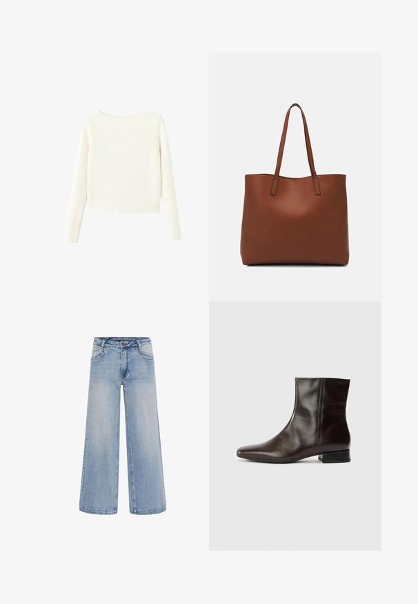 Witte, lange mouwen, ribgebreide trui met een licht gebogen halslijn en een rechte zoom.; Lichtblauwe wijde jeans met een hoge taille, vijf zakken en contrasterende stiksels. Gemaakt van denim met een gladde textuur.; Bruine leren enkellaars met een puntige neus, gladde textuur, middenhoge hak en eenvoudig ontwerp. Minimalistische stijl zonder versieringen.; Bruine leren tote bag met een gladde textuur, een ontwerp met een open bovenkant en twee schouderbanden. Kenmerkt zich door minimale stiksels en geen zichtbare hardware.