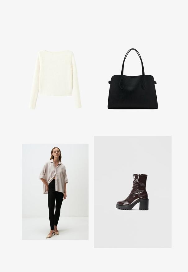 Witte, lange mouwen, ribgebreide trui met een licht gebogen halslijn en een rechte zoom.; Lichtroze oversized shirt met korte mouwen, knoopsluiting, gecombineerd met zwarte leggings en nude hoge hakken. Eenvoudige, gladde texturen.; Glanzende bordeauxrode enkelboot met een chunky zwarte hak, met een gladde textuur en een eenvoudig ontwerp. Geen zichtbare sluitingen of patronen.; Zwarte leren handtas met dubbele schouderriemen, rechthoekige vorm en minimalistisch ontwerp op een witte achtergrond.