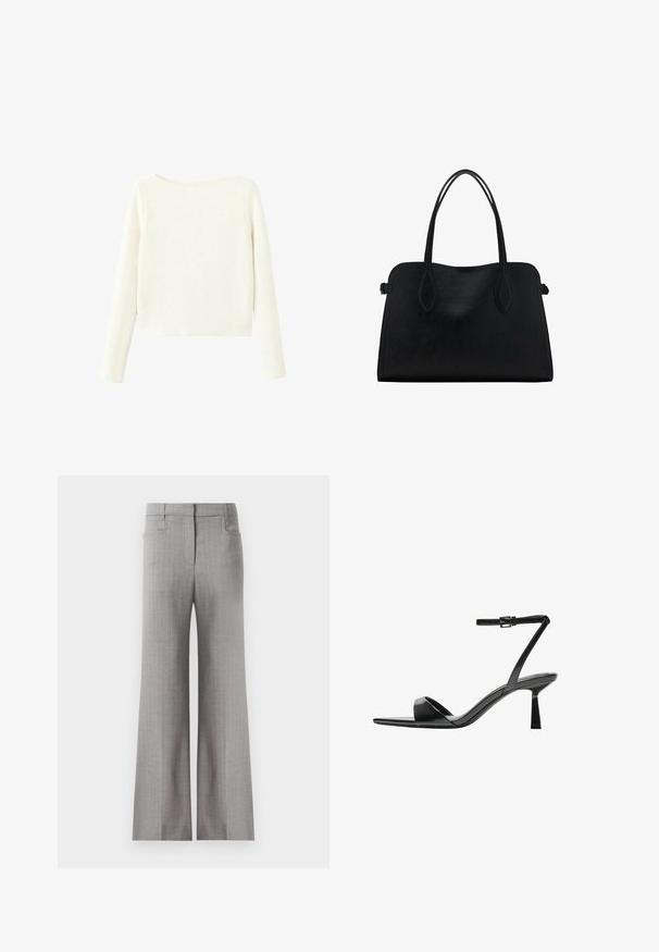 Bílý svetr s dlouhým rukávem, žebrovaný, s mírně lodičkovým výstřihem a rovním lemem.; Světle šedé široké kalhoty s pruhovaným vzorem, s upraveným pasem a dvěma postranními kapsami. Hladká textilie.; Bershka Sandály na vysokém podpatku - black; Černá kožená kabelka s dvojitými ramenními popruhy, obdélníkový tvar a minimalistický design na bílém pozadí.