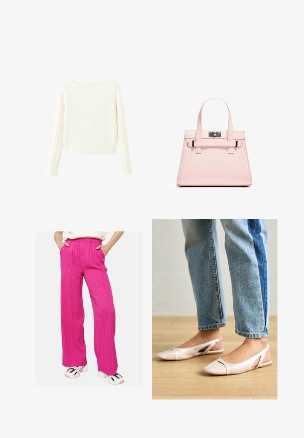 Witte, lange mouwen, ribgebreide trui met een licht gebogen halslijn en een rechte zoom.; Roze, wijde broek met een textuurstof, elastische tailleband en zijzakken, gedragen met witte sneakers met zwarte accenten.; Zachtroze slingback ballerina's met een spitse neus, gemaakt van een glad leerachtig materiaal. Bevat uitsnijdingen aan de zijkanten en heeft een platte hak.; Roze gestructureerde handtas van textuurleer, met twee bovenhandvaten, een klapsluiting en contrasterende metalen accenten.