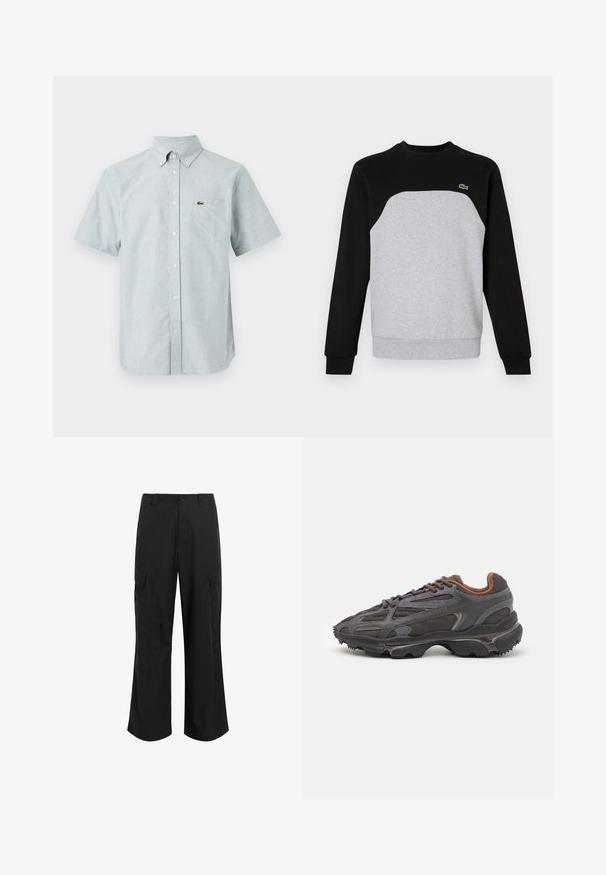 Felpa grigia e nera con scollo rotondo, maniche lunghe e polsini a costine. Presenta un design a pannelli contrapposti e un piccolo logo.; Camicia a maniche corte con bottoni in tessuto azzurro chiaro, caratterizzata da un colletto a puntina, una tasca frontale e un piccolo logo iconico sul petto.; Pantaloni cargo neri realizzati in tessuto leggero, con una vestibilità rilassata, due ampie tasche laterali e chiusura con bottone.; Sneaker Lacoste grigie scure in materiale mesh e sintetico, con suola testurizzata e dettagli marroni sul colletto e sul branding.