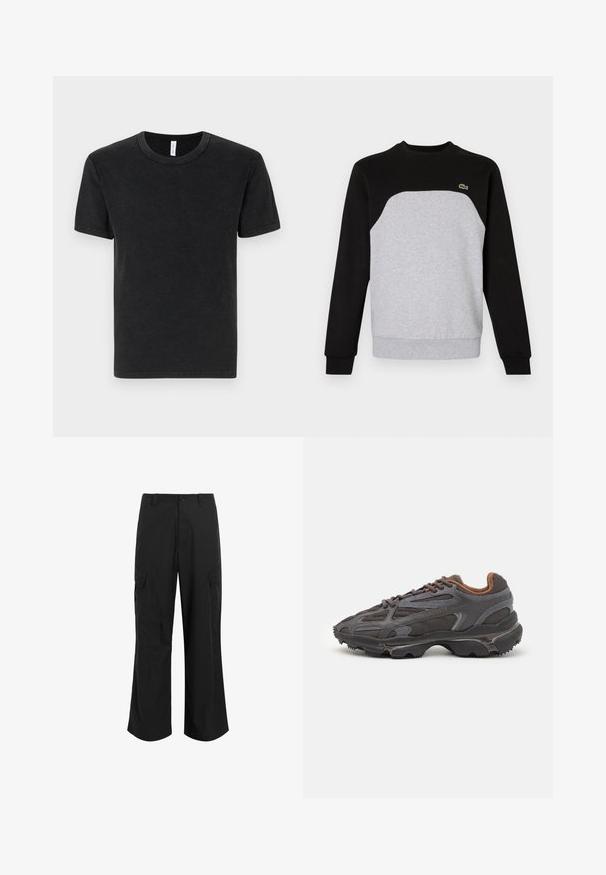 Grijze en zwarte sweatshirt met een ronde hals, lange mouwen en ribgebreide manchetten. Bevat een contrasterend paneelontwerp en een klein logo.; Zwarte katoenen T-shirt met korte mouwen, ronde halslijn en een gladde textuur. Minimalistisch ontwerp, geen zichtbare patronen of accenten.; Zwarte cargobroek van lichtgewicht stof, met een relaxte pasvorm, twee grote zijzakken en een knoopsluiting.; Lacoste sneakers in donkergrijs van mesh en synthetisch materiaal, met een gestructureerde zool en bruine accenten op de kraag en branding.