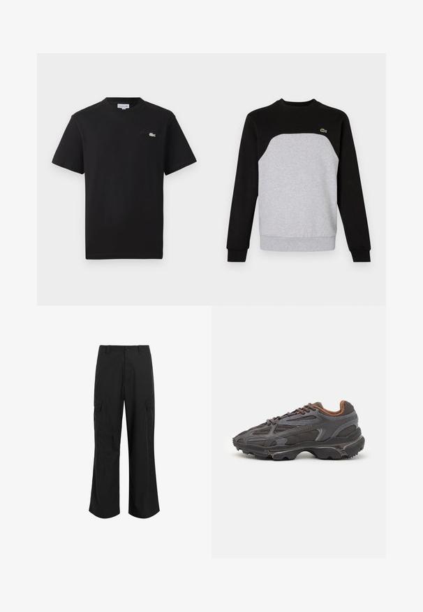Grijze en zwarte sweatshirt met een ronde hals, lange mouwen en ribgebreide manchetten. Bevat een contrasterend paneelontwerp en een klein logo.; Zwarte katoenen t-shirt met een ronde hals. Heeft een klein groen en wit geborduurd Lacoste-logo op de borst. Korte mouwen, normale pasvorm.; Zwarte cargobroek van lichtgewicht stof, met een relaxte pasvorm, twee grote zijzakken en een knoopsluiting.; Lacoste sneakers in donkergrijs van mesh en synthetisch materiaal, met een gestructureerde zool en bruine accenten op de kraag en branding.