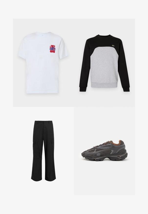 Sudadera gris y negra con cuello redondo, mangas largas y puños acanalados. Presenta un diseño de paneles contrastantes y un pequeño logotipo.; Camiseta blanca de manga corta con un diseño gráfico colorido en rojo y azul en el área del pecho izquierdo, que presenta formas y patrones abstractos.; Pantalones cargo negros hechos de una tela ligera, con un corte relajado, dos grandes bolsillos laterales y cierre de botón.; Zapatillas Lacoste en gris oscuro con material de malla y sintético, que cuentan con una suela texturizada y detalles en marrón en el cuello y la marca.