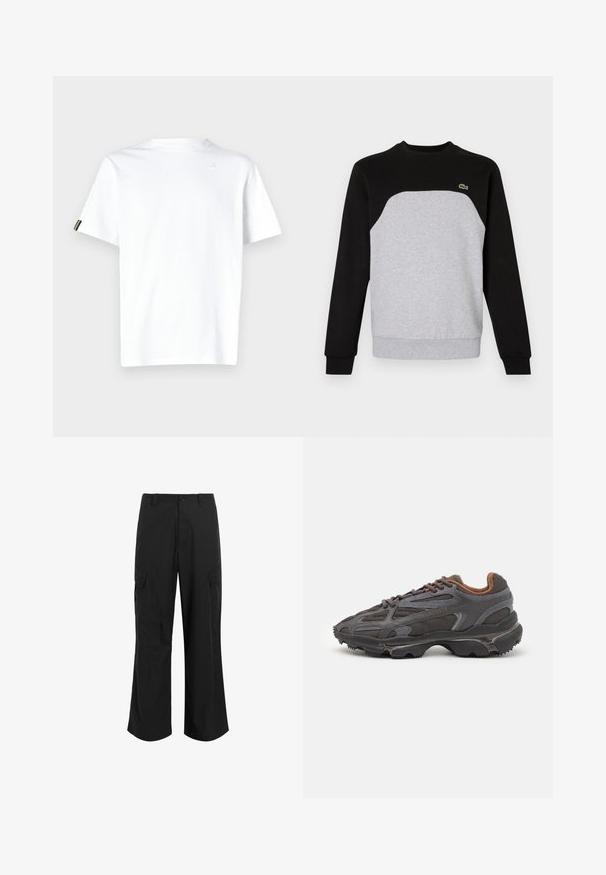Felpa grigia e nera con scollo rotondo, maniche lunghe e polsini a costine. Presenta un design a pannelli contrapposti e un piccolo logo.; T-shirt bianco a maniche corte in cotone. Presenta un logo discreto sul petto e un dettaglio nero sulla manica. Design classico con collo rotondo.; Pantaloni cargo neri realizzati in tessuto leggero, con una vestibilità rilassata, due ampie tasche laterali e chiusura con bottone.; Sneaker Lacoste grigie scure in materiale mesh e sintetico, con suola testurizzata e dettagli marroni sul colletto e sul branding.