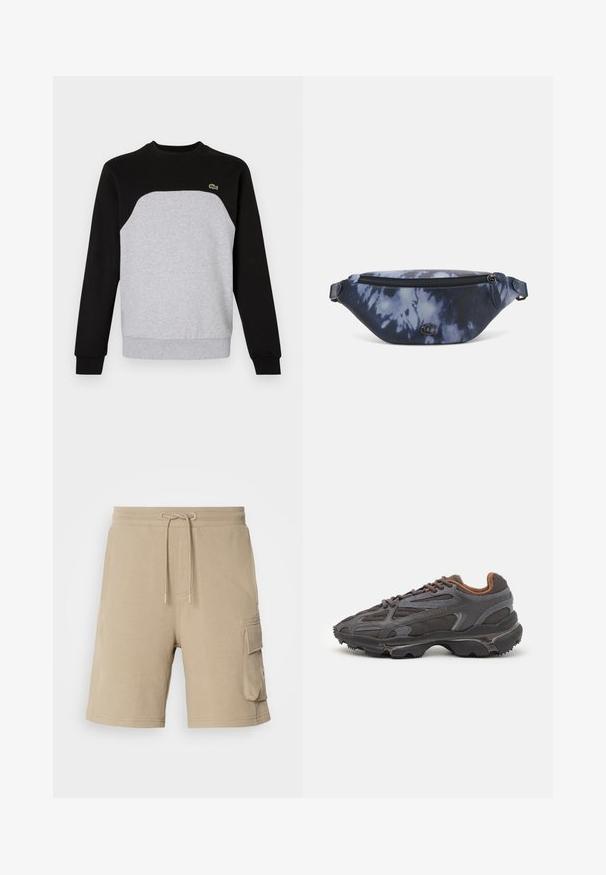 Sudadera gris y negra con cuello redondo, mangas largas y puños acanalados. Presenta un diseño de paneles contrastantes y un pequeño logotipo.; Pantalones cortos de cargo beige, hechos de una tela suave, con una cintura elástica y con cordón y bolsillos laterales. Diseño simple, hasta la rodilla, con detalles de costura mínimos.; Zapatillas Lacoste en gris oscuro con material de malla y sintético, que cuentan con una suela texturizada y detalles en marrón en el cuello y la marca.; Riñonera en estampado de tie-dye azul oscuro con cremallera en la parte superior, material texturizado y un detalle de logotipo prominente en la parte frontal.