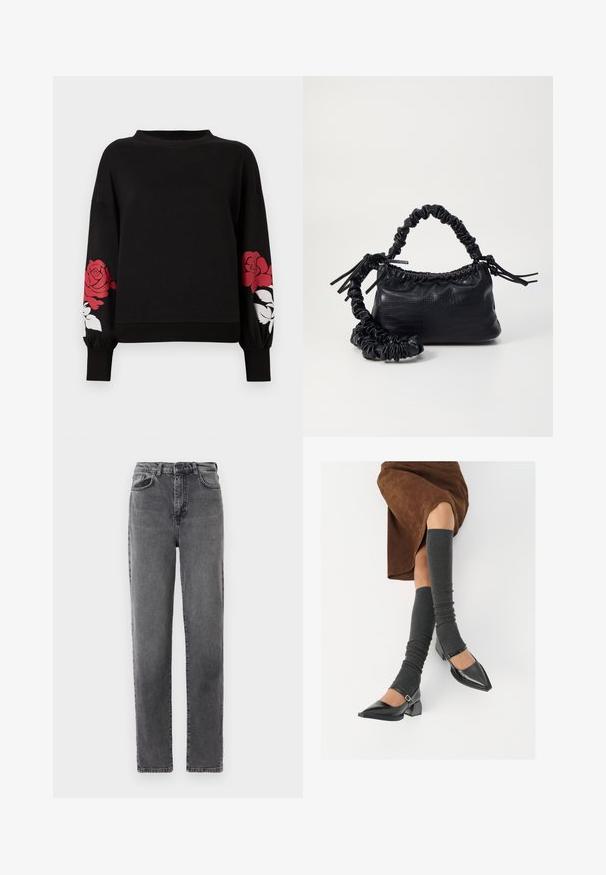 Fekete kapucnis pulóver hosszú ujjakkal, nagy vörös rózsa mintákkal és fehér virágos részletekkel a mandzsettákon. Puha pamut anyag, laza fazon.; Magas derekú, egyenes szárú szürke farmernadrág, elöl gombos és cipzáros záródással, elülső és hátsó zsebekkel.; Fekete lakk bőrből készült, hegyes orrú cipők, tömbsarkúakkal és bokapánttal, szürke bordás lábszármelegítőkkel és barna velúr szoknyával párosítva.; Fekete műbőr kézi táska krokodil bőr textúrával, összehúzható tetejű és gyűrt pánttal. Lágy és kompakt dizájnúnak tűnik.
