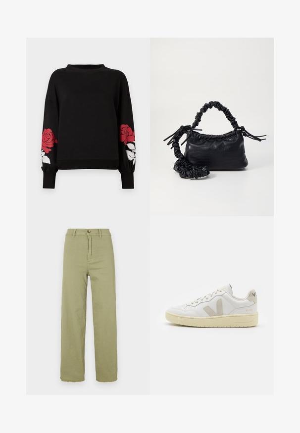 Black sweatshirt with long sleeves featuring large red rose prints and white floral accents on sleeves. Soft cotton material, relaxed fit.; Light green high-waisted trousers with a straight leg. Features a button closure and frayed hem. Made from cotton fabric with a smooth texture.; White leather sneaker with beige suede accents, perforated toe box, flat laces, and a textured cream sole. Features subtle branding on heel.; Black faux leather handbag with a crocodile texture, cinched top, and a scrunched strap. Appears soft and compact in design.