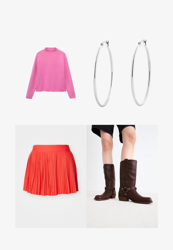 Mango WITH PERKINS - Pulover - pink; Rdeča plisirana krila s širokim pasom, izdelana iz lahkega materiala. Ima vertikalne plisirane oblikovane po celotnem oblačilu.; Rjave usnjene čizme do kolen s zaobljenim nosom, teksturirano površino, trakovi okoli gležnja in srebrni detajli; zasnovane s steknjenim peto.; Srebrni obroči za ušesa z gladko, polirano površino in tanko, okroglo obliko. Oblikovanje vključuje varen zaponko.