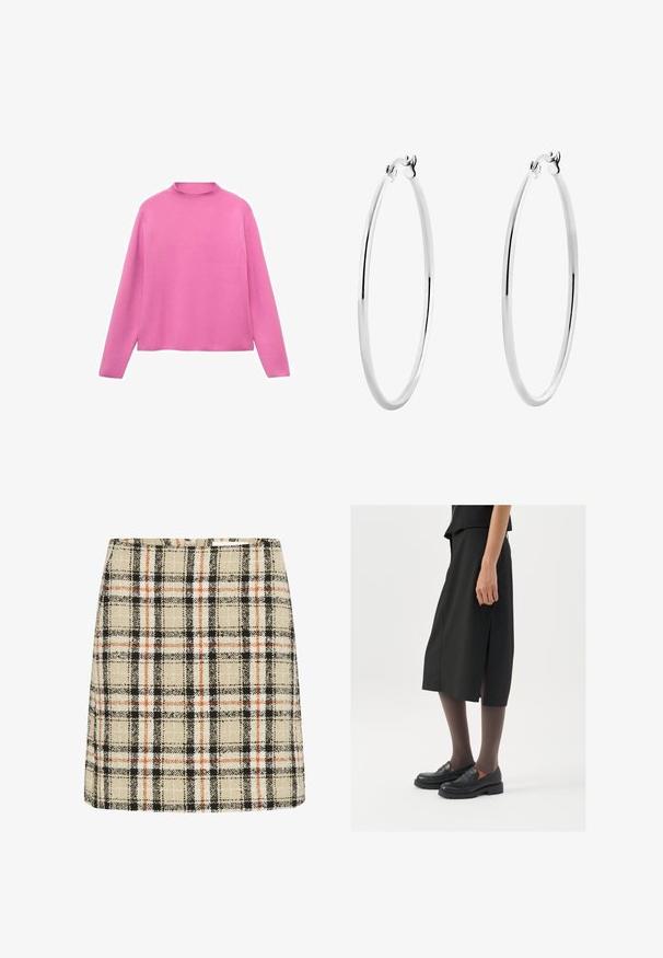 Mango WITH PERKINS - Svetrík - pink; Mini sukňa v kockovanom vzore v béžovej, čiernej a oranžovej farbe. Textúrovaná látka so štvorcovým vzorom. A-linija s priliehavým pásom.; Čierna sukňa po kolená so bočným rozparkom, skombinovaná s čiernymi mokasínami a priehľadnými hnedými pančuchami, s hladkým materiálom a jednoduchým dizajnom.; Strieborné kruhové náušnice s hladkým, lesklým povrchom a tenkým, kruhovým tvarom. Dizajn obsahuje bezpečné zapínanie.