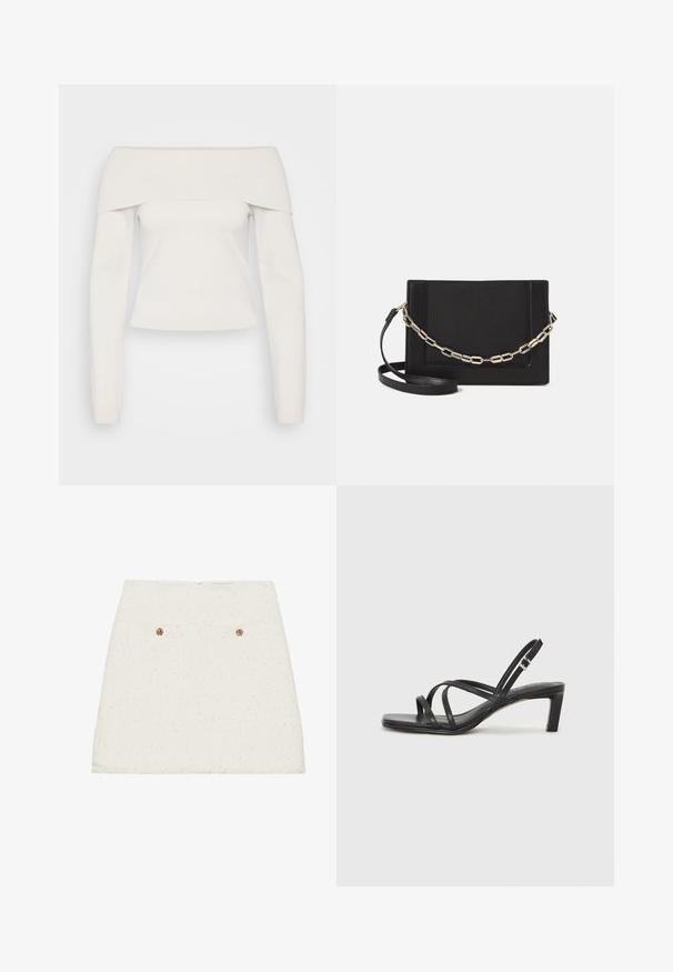 Halenka s dlouhým rukávem a odhalenými rameny v měkkém bílém úpletu, s ribbovaným výstřihem a přiléhavým střihem, s hladkou texturou a minimem švů.; Bílá mini sukně z tweedu s texturovaným povrchem, s dvěma zadními kapsami a zlatými knoflíkovými detaily. Spodní okraj je mírně roztrhaný.; Černé sandály na tenkém podpatku se čtveratou špičkou a nízkým blokovým podpatkem. Mají několik tenkých popruhů a nastavitelné zapínání okolo kotníku. Vyrobeny z hladké kůže.; Černá kožená crossbody taška s hladkým povrchem, obdélníkovým tvarem a kovovým řetízkem na přední straně. Součástí je nastavitelný popruh.