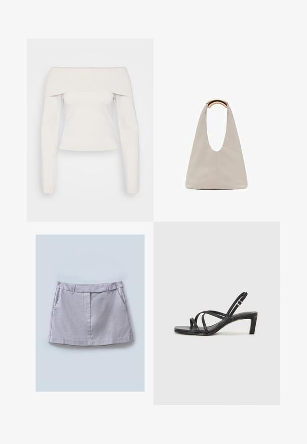 Haut à manches longues sans épaule en tricot blanc doux, avec un col à côtes et un corps ajusté, doté d'une texture lisse et de coutures minimales.; Jupe grise avec une texture lisse, dotée d'une taille plate, de deux poches avant et d'une coupe droite.; Sandale noire à lanières avec un bout carré et un petit talon bloc. Elle présente plusieurs fines lanières et une sangle de cheville ajustable. Fabriquée en cuir lisse.; Sac en cuir gris clair avec un design en forme de U et une poignée métallique courbée. Texture lisse avec un minimum de coutures et sans motifs visibles.