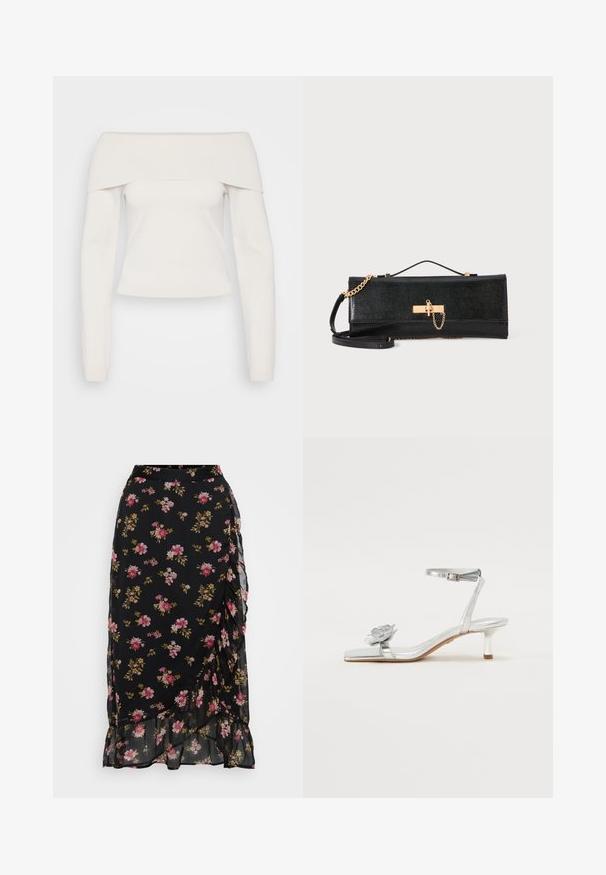 Off-the-shoulder long-sleeve top in soft white knit, featuring a ribbed neckline and a fitted body, with smooth texture and minimal seams.; Black floral skirt featuring pink and green patterns, flared design, and ruffled hem. Made from lightweight, semi-sheer fabric.; Silver metallic sandal with a low heel, ankle strap, and floral accent on the toe strap; smooth texture and sleek design enhance its appearance.; Black clutch bag with a textured finish, gold chain strap, and a clasp closure. Rectangular shape with a sleek, minimalistic design.