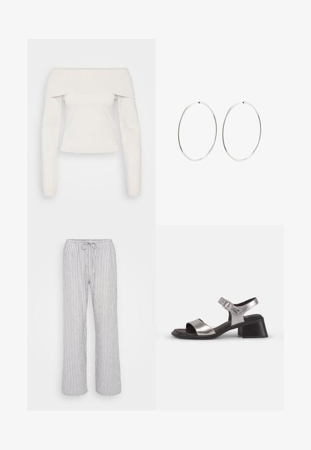 Olkapäiden yli ulottuva pitkähihaista vartalonmyötäistä ykköstä pehmeästä valkoisesta neuleesta, jossa on ribbireunus ja sileä pinta, sekä mahdollisimman vähäiset saumat.; Vaaleanharmaat raidalliset housut, joissa on joustava vyötärö, nyörikiinnitys ja leveä lahjetyyli. Valmistettu pehmeästä ja hengittävästä kankaasta.; Hopeiset nahkasaappaat avoimella kärjellä, joissa on leveä etuhihna, nilkkahihna soljella sekä keskikokoinen lohkokorko.; Hope hopeita hopeita, joissa on sileä, pyöreä muoto ja kiiltävä pinta. Ne ovat ohuita ja kevyitä, ja niissä on yksinkertainen lukitus.