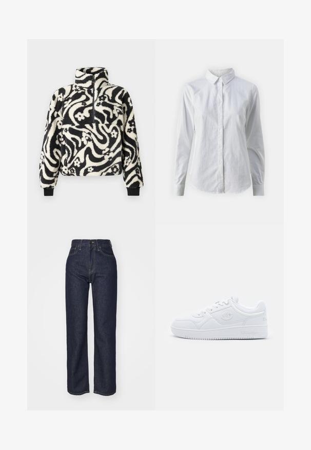 Čierno-biely fleeceový pulóver s vysokým golierom, ktorý je ozdobený vírivým kvetinovým vzorom a rebrovanými manžetami. Predné zapínanie na zips.; Biela košeľa s gombíkmi vyrobená z hladkej bavlny, s klasickým golierom, dlhými rukávmi a zakriveným lemom. Gombíky sú malé a biele.; Tmavomodré džíny s vysokým pásom a rovnými nohavicami, viditeľným šitím, piatimi vreckami a predným zapínaním na gombík.; Biele tenisky vyrobené z hladkého syntetického materiálu, s okrúlou špičkou, plochou podrážkou a jemnými logovými detailmi po stranách. Klasický nízky strih.