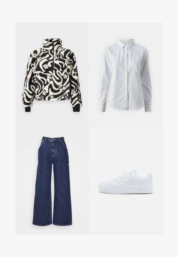 Mustvalge fliispulloväär kaelaosal, millel on keerduv lillemuster ja soonikkoes varrukad. Ees on lukuga sulgemine.; Valge nööpidega särk, mis on valmistatud siledast puuvillast. Särgil on klassikaline krae, pikad varrukad ja kaarduv äär. Nöödid on väikesed ja valged.; Tumedast sinisest denimist laiad püksid, millel on kõrge vöökoht, ees olevad taskud ja metallnupuga tõmblukk. Sile tekstuur ja klassikaline disain.; Valged tennisjalatsid, mis on valmistatud siledast sünteetilisest materjalist, ümarate varvastega, tasase talla ja peente logo aktsentidega külgedel. Klassikaline madala varbaga disain.