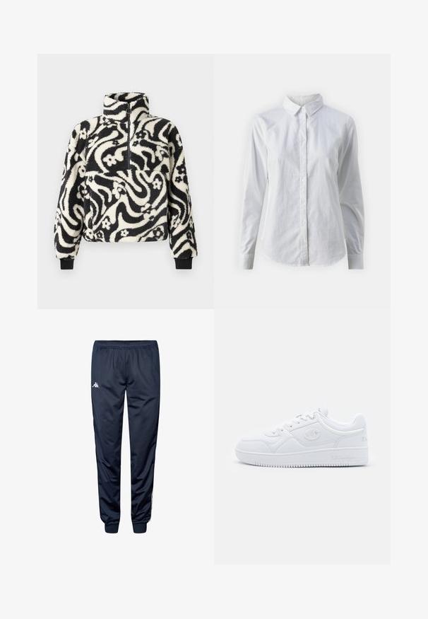 Černobílý fleecový svetr s vysokým límcem, zdobený vířivým květinovým vzorem a žebrovanými manžetami. Přední zapínání na zip.; Bílá košile na knoflíky vyrobená z hladké bavlny, s klasickým límcem, dlouhými rukávy a zakřiveným spodním lemem. Knoflíky jsou malé a bílé.; Námořnické modré sportovní kalhoty s elastickým pasem, manžetami na kotnících a bílým logem Kappa na horní části levé nohy.; Bílé tenisky vyrobené z hladkého syntetického materiálu, s kulatou špičkou, plochou podrážkou a jemnými logo akcenty po stranách. Klasický design nízkých tenisek.