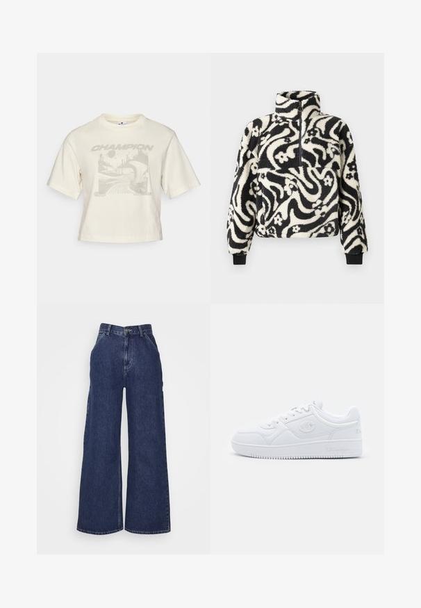 Sort og hvid fleece-pullover med høj krave, prydet med et svajende blomstermønster og ribbede manchetter. Frontlynlås.; Afkortet creme t-shirt lavet af bomuld, med et gråt grafisk print af abstrakte landskaber og ordet "CHAMPION" i fed skrift.; Bredde denimjeans i mørkeblå, med høj talje, for- og baglommer samt lynlås med metalknap. Glat tekstur og klassisk design.; Hvide sneakers lavet af glat syntetisk materiale, med rund tå, flad sål og diskrete logo detaljer på siderne. Klassisk lavt design.