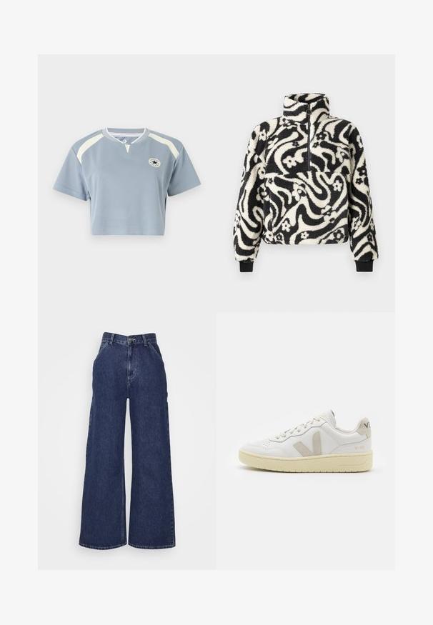 Črno-bela flis jakna z visokim ovratnikom, ki ima vrtinčast cvetlični vzorec in rebraste manšete. Zapiranje spredaj z zadrgo.; Kratka majica iz svetloblue tkanine s kratkimi rokavi. Ima kremne akcentne in krožni logotip na prsih. Okrogli izrez.; Široke jeans hlače iz temno modrega denima, z visokim pasom, sprednjimi žepi in zadrgo z kovinsko gumbom. Gladka tekstura in klasičen dizajn.; Bela usnjena tenisača z bež semiš poudarki, perforiranim prednjim delom, ravnimi vezalkami in strukturiranim kremnim podplatom. Ima diskretno blagovno znamko na peti.