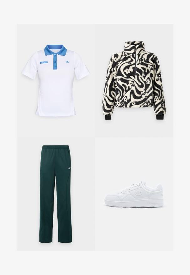 Mustvalge fliispulloväär kaelaosal, millel on keerduv lillemuster ja soonikkoes varrukad. Ees on lukuga sulgemine.; Valge polo särk sinise krae ja nööbiplakeeringuga. Rinna peal ja külgedel on sinised logo aksendid. Sile kangast tekstuur.; Tumed roheline dressipüksid, mis on valmistatud pehmest kangast, elastse vöökoha ja külgseemnetega, väikese logoga ees.; Valged tennisjalatsid, mis on valmistatud siledast sünteetilisest materjalist, ümarate varvastega, tasase talla ja peente logo aktsentidega külgedel. Klassikaline madala varbaga disain.