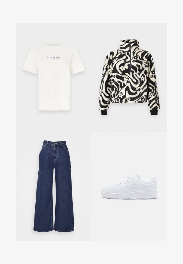 Black and white fleece pullover with a high collar, featuring a swirling floral pattern and ribbed cuffs. Front zipper closure.; White cotton t-shirt with short sleeves, a crew neck, featuring blue text "BILLABONG SINCE 73" centered on the chest. Soft, smooth texture.; Wide-leg denim jeans in dark blue, featuring a high waist, front pockets, and a zipper fly with a metal button. Smooth texture and classic design.; White sneaker made of smooth synthetic material, featuring round toe, flat sole, and subtle logo accents on the sides. Classic low-top design.