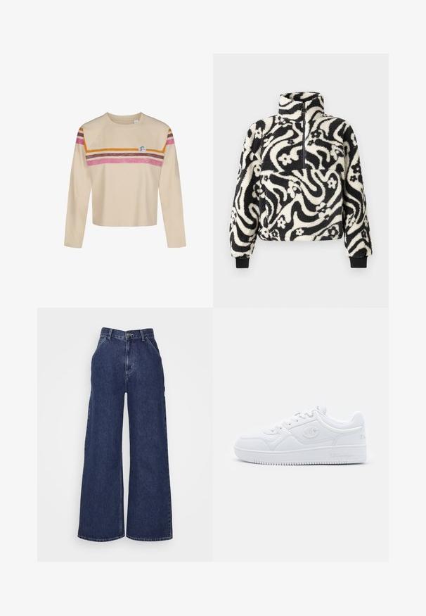 Sort og hvid fleece-pullover med høj krave, prydet med et svajende blomstermønster og ribbede manchetter. Frontlynlås.; Beige langærmet crop top med rund hals, der har horisontale striber i pink, brun og orange på brystet og de øverste arme, samt et lille rundt logo.; Bredde denimjeans i mørkeblå, med høj talje, for- og baglommer samt lynlås med metalknap. Glat tekstur og klassisk design.; Hvide sneakers lavet af glat syntetisk materiale, med rund tå, flad sål og diskrete logo detaljer på siderne. Klassisk lavt design.