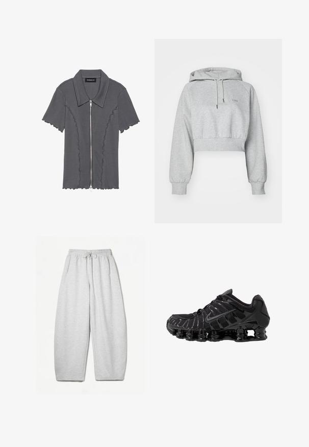 Šedá skrátená mikina vyrobená z mäkkej tkaniny, s prednou kapsou, kapucňou na šnúrku a rebrovanými manžetami. Diskrétny logo na hrudi.; Sivá košeľa s krátkym rukávom a zipsom, s vlnitým lemom. Obsahuje rebrovanú textúru a golier. Značka: even&odd.; Svetlošedé tepláky s voľným strihom, elastickým pásom, šnúrkou a bočnými vreckami; vyrobené z mäkkej, štruktúrovanej látky.; Čierna športová obuv s vrchnou časťou z sieťoviny a lesklými detailmi. Obsahuje zakrivené odpruženie a textúrované línie po stranách. Viditeľné logo Nike.