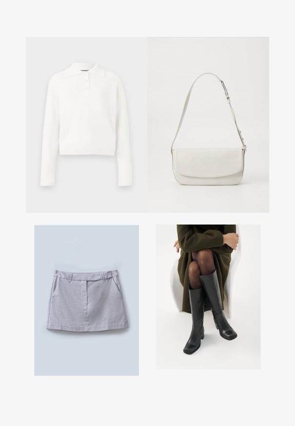 Baltos susmulkintos megztos polo tipo megztinis su ilgomis rankovėmis, apykakle ir trimis sagomis, pasižymintis trumpu dizainu ir švelnia tekstūra.; Pilka sijonas su lygiu paviršiumi, su plokščiu juosmeniu, dviem priekinėmis kišenėmis ir tiesiu siluetu.; Juodos odinės pradžios ilgio bateliai su kvadratu formos nosimi ir bloko kulnu, demonstruojami su modeliu, sėdinčiu alyvuogių žalios spalvos švarku. Lygi tekstūra, minimalus puošimas.; Balta odinė petneša su lygiu paviršiumi, stačiakampio formos, su užsegimu antklodė ir reguliuojama dirželiu. Paprastas siuvinėjimo detalės.