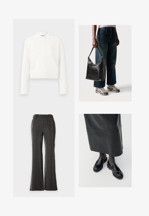 Pull en maille côtelée blanc à manches longues avec col et patte de boutonnage à trois boutons, présentant un design court et une texture douce.; Pantalons noirs évasés en tissu texturé et brillant. Comprend une taille, des poches devants et une coupe droite jusqu'à l'ourlet.; Mocassins en cuir noir avec une finition lisse, ornés d'une bande décorative, à bout rond et avec une semelle texturée. Portés avec une longue jupe en cuir noir.; Sac à bandoulière en cuir noir avec une texture lisse et une bandoulière réglable, associé à un jean ample décoloré et des baskets de sport.