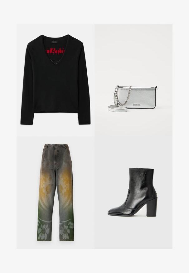 Zwarte lange mouwen top met een V-hals, voorzien van een contrasterend rood breipatroon aan de binnenkant. Gladde textuur, minimalistisch ontwerp en standaard pasvorm.; Hoge taille jeans in vervaagd denim met een gradient patroon dat geel, groen en blauwe tinten mengt; bloemenontwerp nabij de zoom.; Zwarte leren enkelboot met een gladde textuur, spitse neus en een gedurfde hoge hak. Beschikt over een zijopening en een minimalistisch ontwerp.; Zilveren leren schoudertas met een gestructureerde afwerking, accenten van ketting en schouderband, en een ritssluiting. Beschikt over een logo aan de voorkant.