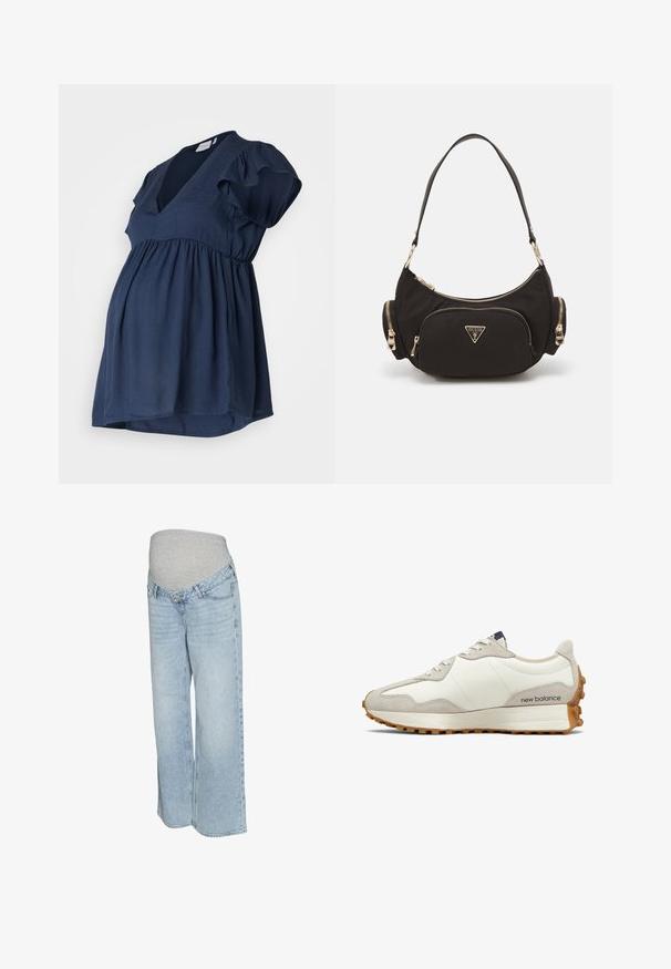 Czarny i biały sweter ciążowy w paski z wysokim kołnierzem i długimi rękawami, wykonany z miękkiego materiału i luźnego kroju dla komfortu.; Granatowa bluzka ciążowa z krótkimi falbaniastymi rękawami, dekoltem w serek i zgromadzonym pasem empire dla wygody i stylu. Gładki, lekki materiał.; Jasnoniebieskie dżinsy z denimu z szarym elastycznym pasem, szeroką nogawką i tradycyjnym pięciopocketowym stylem. Gładka tekstura z wyblakłym kolorem.; Białe i beżowe sneakersy z gładkiej skórzanej cholewki, zamszowymi akcentami, zaokrąglonym noskiem i teksturowaną gumową podeszwą. Nazwa marki nadrukowana na boku.; Czarna torba na ramię z tkaniny z złotymi akcentami, z główną przegrodą na zamek i dwiema mniejszymi kieszeniami na zamek po bokach.