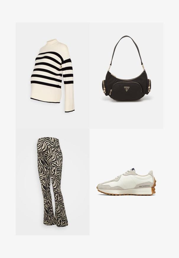 Zwart-witte gestreepte zwangerschapstruien met een hoge hals en lange mouwen, gemaakt van een zachte stof en een relaxte pasvorm voor comfort.; Uitlopende broek gemaakt van een gestructureerde stof, met een zwart en beige zebra-streep patroon. Het ontwerp omvat een hoge taille en brede benen.; Witte en beige sneaker met een gladde leren bovenkant, suède accenten, ronde neus en een gestructureerde rubberen zool. Merkennaam gedrukte op de zijkant.; Zwarte stoffen schoudertas met goudkleurige hardware, met een hoofdvak met rits en twee kleinere ritsvakken aan de zijkanten.