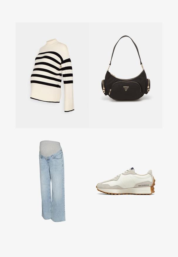Czarny i biały sweter ciążowy w paski z wysokim kołnierzem i długimi rękawami, wykonany z miękkiego materiału i luźnego kroju dla komfortu.; Jasnoniebieskie dżinsy z denimu z szarym elastycznym pasem, szeroką nogawką i tradycyjnym pięciopocketowym stylem. Gładka tekstura z wyblakłym kolorem.; Białe i beżowe sneakersy z gładkiej skórzanej cholewki, zamszowymi akcentami, zaokrąglonym noskiem i teksturowaną gumową podeszwą. Nazwa marki nadrukowana na boku.; Czarna torba na ramię z tkaniny z złotymi akcentami, z główną przegrodą na zamek i dwiema mniejszymi kieszeniami na zamek po bokach.