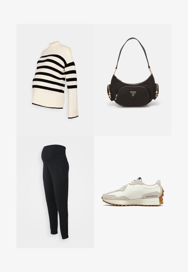 Zwart-witte gestreepte zwangerschapstruien met een hoge hals en lange mouwen, gemaakt van een zachte stof en een relaxte pasvorm voor comfort.; Zwarte zwangerschapsbroek met een stretchy, geplooide tailleband, zijzakken, taps toelopende pijpen en een zachte textuur, ontworpen voor comfort tijdens de zwangerschap.; Witte en beige sneaker met een gladde leren bovenkant, suède accenten, ronde neus en een gestructureerde rubberen zool. Merkennaam gedrukte op de zijkant.; Zwarte stoffen schoudertas met goudkleurige hardware, met een hoofdvak met rits en twee kleinere ritsvakken aan de zijkanten.