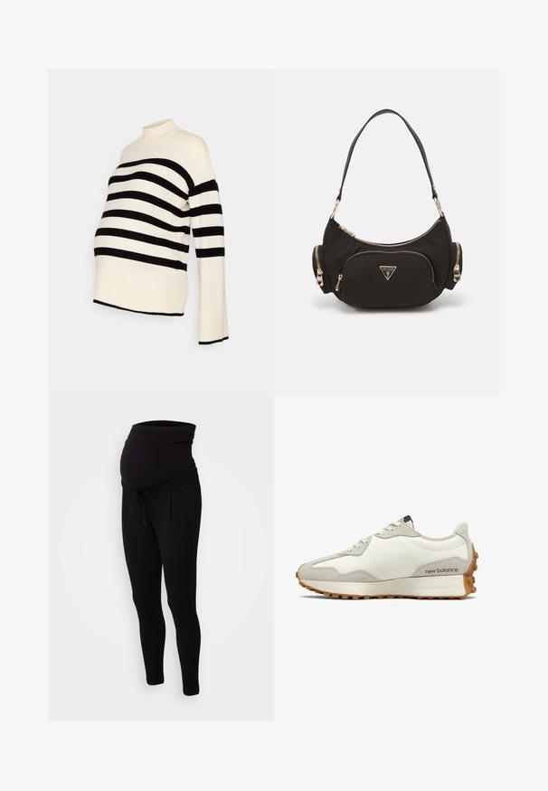 Zwart-witte gestreepte zwangerschapstruien met een hoge hals en lange mouwen, gemaakt van een zachte stof en een relaxte pasvorm voor comfort.; Zwarte zwangerschapsjoggers met een rekbare tailleband, trekkoorddetail en taps toelopende benen. Gemaakt van zachte, flexibele stof voor comfort.; Witte en beige sneaker met een gladde leren bovenkant, suède accenten, ronde neus en een gestructureerde rubberen zool. Merkennaam gedrukte op de zijkant.; Zwarte stoffen schoudertas met goudkleurige hardware, met een hoofdvak met rits en twee kleinere ritsvakken aan de zijkanten.
