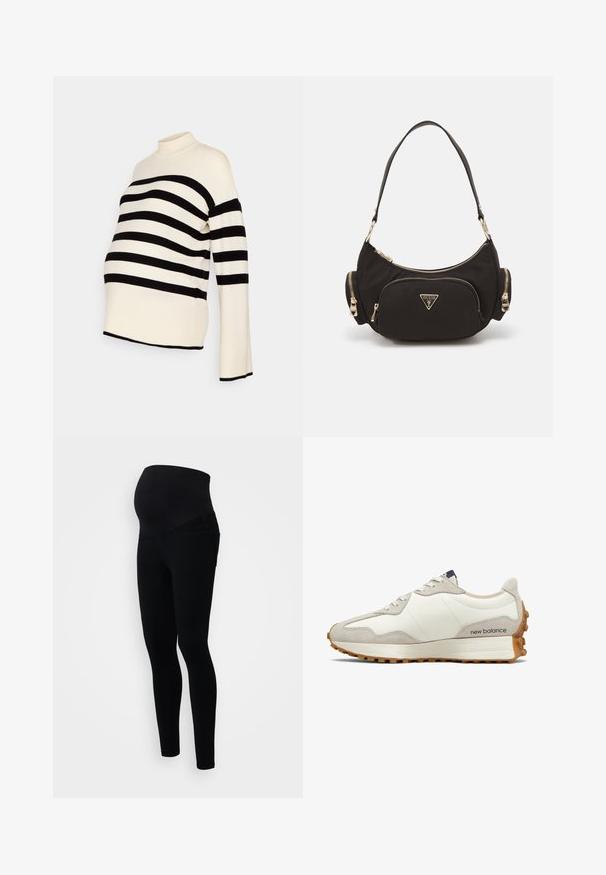 Zwart-witte gestreepte zwangerschapstruien met een hoge hals en lange mouwen, gemaakt van een zachte stof en een relaxte pasvorm voor comfort.; Zwarte zwangerschapsleggings met een hoge tailleband voor ondersteuning, een aansluitend ontwerp en zachte, rekbare stof voor comfort.; Witte en beige sneaker met een gladde leren bovenkant, suède accenten, ronde neus en een gestructureerde rubberen zool. Merkennaam gedrukte op de zijkant.; Zwarte stoffen schoudertas met goudkleurige hardware, met een hoofdvak met rits en twee kleinere ritsvakken aan de zijkanten.