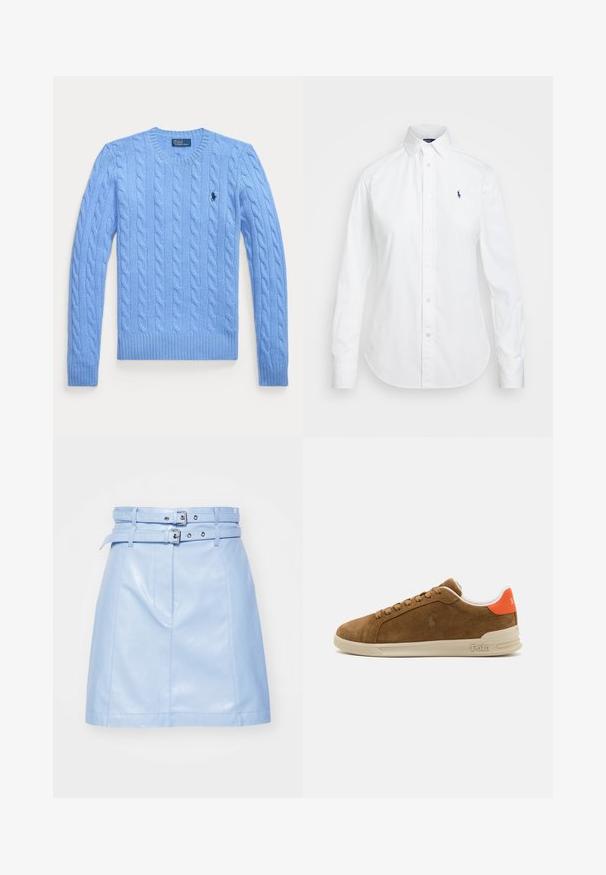 Lys blå kabelstrikket genser med rund hals, ribbede mansjetter og nederkant. Har en liten logo på brystet. Teksturert stoff.; Hvit skjorte med krage, lange ermer, og en liten blå logo på venstre bryst. Laget av bomullsstoff.; Lyseblå lær mini skjørt med dobbel beltedetalj, frontlommene og glatt tekstur. Har sølvfargede detaljer og rene linjer.; Brune semskede sneaker med en kremfarget gummisåle, med oransje detaljer på hælen og en liten logo-detalj på siden.