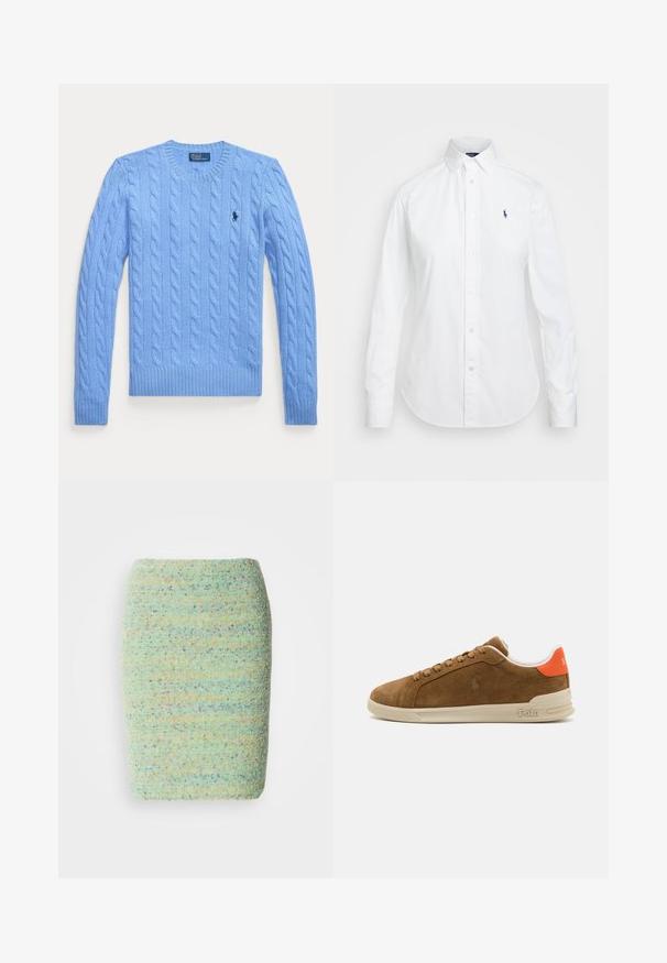 Jasnoniebieski sweter z dzianiny w splot warkoczowy, okrągłym dekoltem oraz ściągaczami przy mankietach i u dołu. Posiada małe logo na klatce piersiowej. Teksturowana tkanina.; Biała koszula zapinana na guziki z ostro zakończonym kołnierzykiem, długimi rękawami i małym niebieskim logo na lewej stronie klatki piersiowej. Wykonana z bawełnianej tkaniny.; Spódnica do kolan wykonana z teksturowanej, nakrapianej tkaniny w pastelowym zielonym kolorze z odcieniami niebieskiego, pomarańczowego i fioletowego.; Brązowe zamszowe sneakersy z kremową gumową podeszwą, z pomarańczowymi akcentami na pięcie oraz małym detalem z logo z boku.