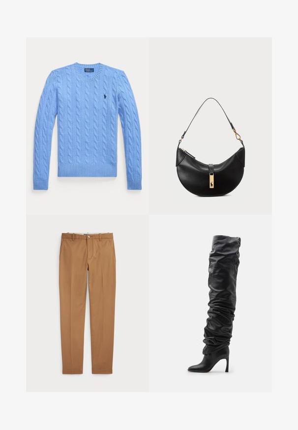 Jasnoniebieski sweter z dzianiny w splot warkoczowy, okrągłym dekoltem oraz ściągaczami przy mankietach i u dołu. Posiada małe logo na klatce piersiowej. Teksturowana tkanina.; Biała koszula zapinana na guziki z ostro zakończonym kołnierzykiem, długimi rękawami i małym niebieskim logo na lewej stronie klatki piersiowej. Wykonana z bawełnianej tkaniny.; Brązowe bawełniane spodnie w fasonie slim-fit, z płaskim przodem i standardowymi kieszeniami; gładka tekstura i podwinięte mankiety.; Czarne skórzane kozaki za kolano o luźnym fasonie, z ostrym noskiem i szpilkowym obcasem. Charakteryzują się miękką teksturą i marszczonymi detalami.; Czarna skórzana torebka w kształcie półksiężyca. Ma złote akcenty i wąski pasek. Gładka tekstura, zamek błyskawiczny na górze.
