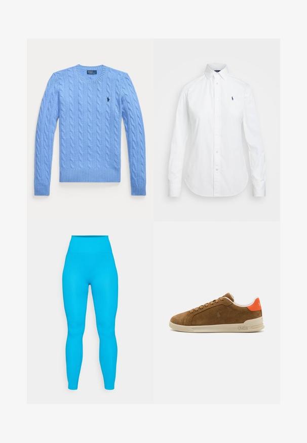 Sweater de malha azul claro com gola redonda, punhos e bainha canelados. Apresenta um pequeno logótipo no peito. Tecido texturizado.; Camisa branca de botão com colarinho pontiagudo, mangas longas e um pequeno logótipo azul no lado esquerdo do peito. Confeccionada em tecido de algodão.; Leggings azuis com nervuras, apresentando uma cintura alta, design ajustado e textura suave, adequadas para uso atlético ou casual.; Sapatilha de camurça castanha com uma sola de borracha creme, apresentando detalhes laranja no calcanhar e um pequeno logótipo na lateral.