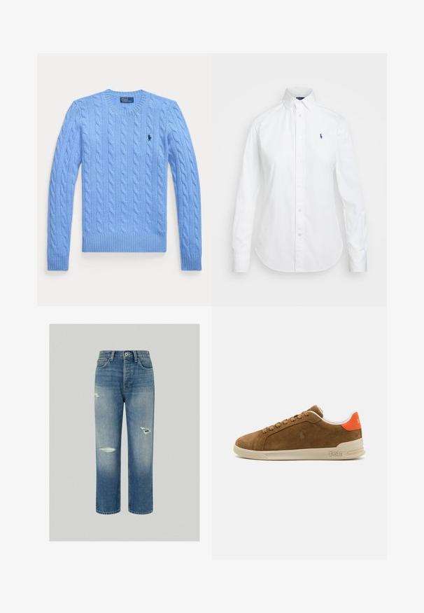 Svetlo modra pletena pulover s okroglim ovratnikom, rebrastimi manšetami in robom. Na prsih ima majhen logotip. Teksturna tkanina.; Bela srajca s pokončnim ovratnikom, dolgimi rokavi in malim modrim logotipom na levi prsni strani. Izdelana iz bombažnega materiala.; Modri jeans iz denim materiala z udobnim krojem, ki vsebujejo obrabljene lise in neposreden kroj nogav. Klasična zasnova s petimi žepi in gumbom za zapiranje.; Rjav semiš športni copat s kremnim gumijastim podplatom, ki ima oranžne poudarke na peti in majhen logotip na strani.
